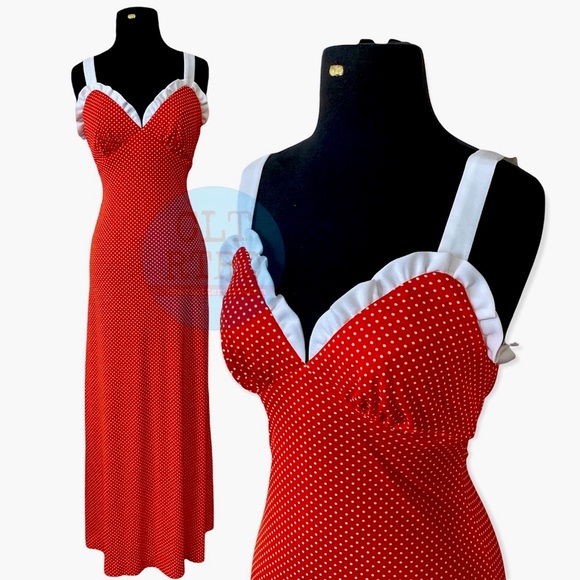 Vintage Dresses & Skirts - vtg Red Polka Dot Ruffle Maxi Dress